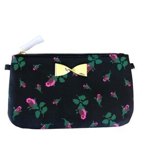 Betsey Johnson Faux Leather Black Floral Gold Bow Wristlet Purse Bag Wallet